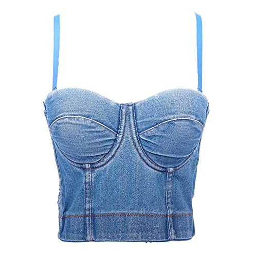 YAOTT Damen Vintage-Denim-Blau Dessous Sommer Kurz schlank Rückenfrei Tube-Top-Unterwäsche Club-Party-Bustier Überbrust Jeans-Korsett-Oberteil Weste Bodysuit Trägertop Clubwear Shirt Unterhemd Blau S von YAOTT