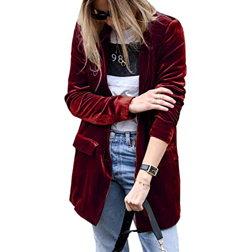 YAOTT Damen Vintage Revers Offene Vorderseite Samt Blazer Jacke Einfarbig Knopf Langer Blazer Mantel Elegant Langarm Blazerjacke Casual Cardigan Anzugjacke Slim Fit Business Büro Jacke Farbe A XXL von YAOTT