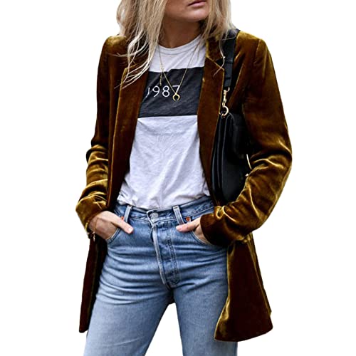 YAOTT Damen Vintage Revers Offene Vorderseite Samt Blazer Jacke Einfarbig Knopf Langer Blazer Mantel Elegant Langarm Blazerjacke Casual Cardigan Anzugjacke Slim Fit Business Büro Jacke Farbe D L von YAOTT