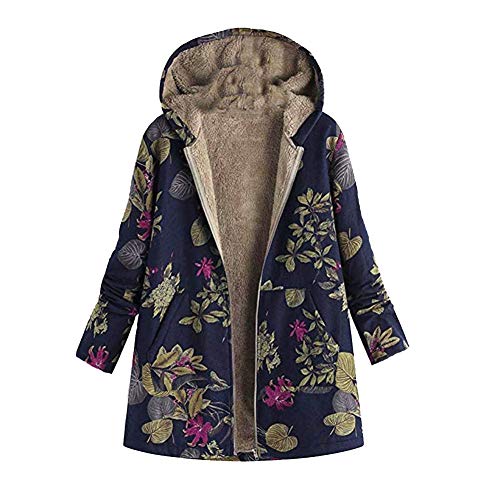 YAOTT Damen Warm Drucken Wintermantel mit Kapuze Dicker Vintage Langarm Zipper Hoodie Outwear Parka Mantel Jacke Blumendruck mit Taschen Marine L von YAOTT