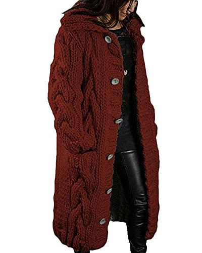 YAOTT Damen dicke Strickjacke lange Strickjacke Herbst und Winter lässiger Pullover Pullover Mantel dicke Tasche Kapuzenjacke Übergangsjacke lässiger Hoodie Ausflug Sportparker Rotwein XL von YAOTT