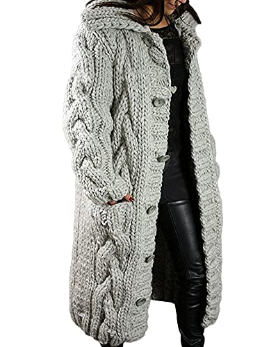 YAOTT Damen dicke Strickjacke lange Strickjacke Herbst und Winter lässiger Pullover Pullover Mantel dicke Tasche Kapuzenjacke Übergangsjacke lässiger Hoodie Ausflug Sportparker hellgrau M von YAOTT