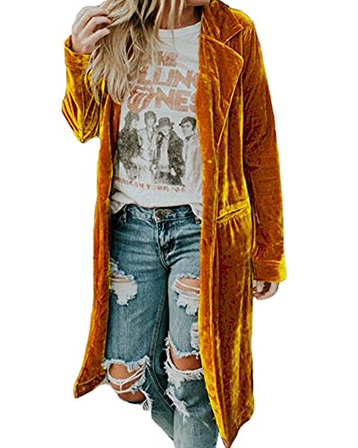 YAOTT Damen goldener Samtmantel langer Frühlings- und Herbstwindbreaker schmale Passform klassischer Samtwindbreaker eleganter Mantel lange weiche Parkajacke mit Wasserfallschnitt Gelb XL von YAOTT
