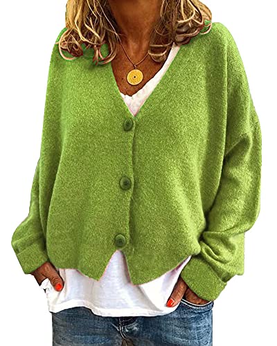 YAOTT Damen kurze Strickjacke einfarbig Fledermaus-Strickjacke locker gestrickte Jacke Herbst und Winter warme Jacke feine Wolle lässiger Strickpullover V-Ausschnitt Top Apfelgrün M von YAOTT