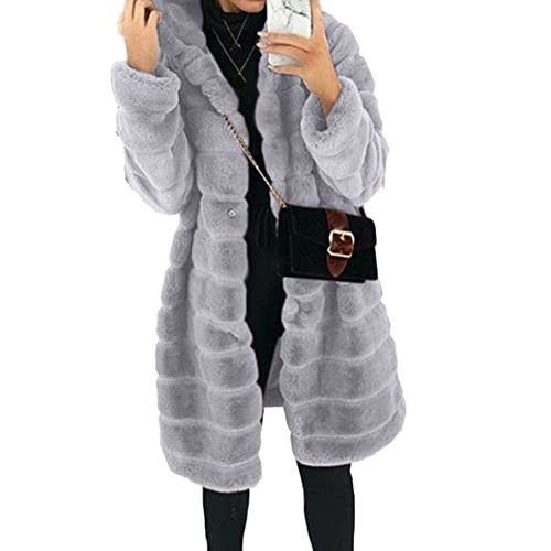 YAOTT Faux Fur Pelzmantel Damen Winter Dickere Warm Plüschjacke Mit Kapuze Elegant Einfarbig Langarm Outdoor Trenchcoat Fuzzy Parka Lange Cardigan,Grau1,XS von YAOTT