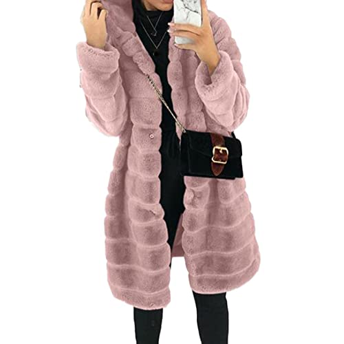 YAOTT Faux Fur Pelzmantel Damen Winter Dickere Warm Plüschjacke Mit Kapuze Elegant Einfarbig Langarm Outdoor Trenchcoat Fuzzy Parka Lange Cardigan,Rosa,L von YAOTT