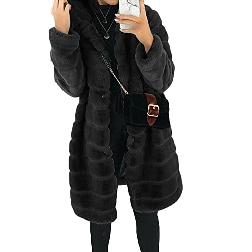 YAOTT Faux Fur Pelzmantel Damen Winter Dickere Warm Plüschjacke Mit Kapuze Elegant Einfarbig Langarm Outdoor Trenchcoat Fuzzy Parka Lange Cardigan,Schwarz,XS von YAOTT