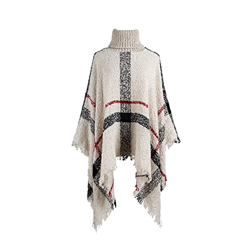 YAOTT Gestrickter Poncho Damen Lang Strickponcho mit Hohem Kragen,Rollkragenpullover Strickpullover Frauen Quasten Poncho Schal Strick Cape Warm Herbst Pullover mit Fransen Beige One Size von YAOTT