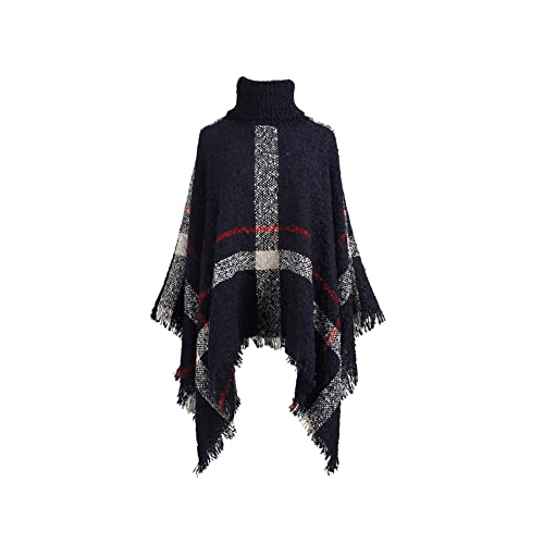 YAOTT Gestrickter Poncho Damen Lang Strickponcho mit Hohem Kragen,Rollkragenpullover Strickpullover Frauen Quasten Poncho Schal Strick Cape Warm Herbst Pullover mit Fransen Blau One Size von YAOTT