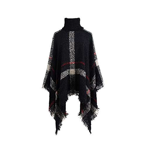 YAOTT Gestrickter Poncho Damen Lang Strickponcho mit Hohem Kragen,Rollkragenpullover Strickpullover Frauen Quasten Poncho Schal Strick Cape Warm Herbst Pullover mit Fransen Schwarz One Size von YAOTT