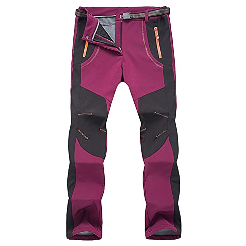 YAOTT Herren/Damen Wanderhose Dünn/Gefüttert Winterhose Wasserdicht Winddicht Warm Verdickte Softshellhose Outdoorhose Atmungsaktiv Trekkinghose Funktionshose,Frau-Weinrot-Dick,XXL von YAOTT