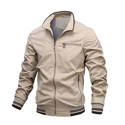 YAOTT Herren Bomberjacke Leichte Übergangsjacke Militär Fliegerjacke Stehkragen Lässige Outdoor Freizeitjacke Fliegerjacke mit Reißverschlusstaschen,Khaki,XS von YAOTT