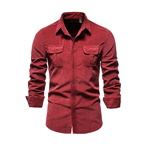 YAOTT Herren Cordhemden Plüschoberteile Langarmhemden Popelinehemden formelle Hemden Herbst warme Pullover Arbeitspullover Slim-Fit Business Freizeit Hochzeit Bügelleicht Langarmhemd rot 3XL von YAOTT