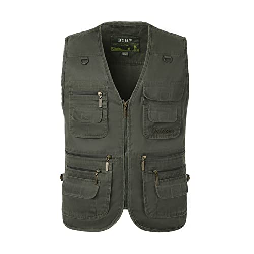 YAOTT Herren Denim Weste Casual Jeansweste Outdoor Weste Multi-Taschen Anglerweste Freizeit Ärmellose Jacke Leicht Safari Weste mit Reißverschluss Jagd- und Angler Fotografie Wandern Weste Grün L von YAOTT