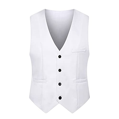 YAOTT Herren Elegantes Retro Weste Anzugweste Slim Fit V-Ausschnitt Ärmellose Mit 4 Knöpfen Gilet Business Casual Klassisch Basic Anzugweste Mit Taschen,Weiß,L von YAOTT