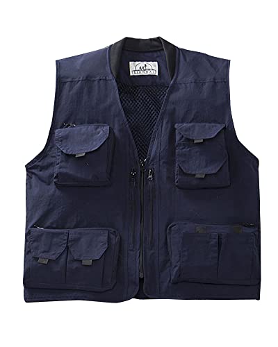 YAOTT Herren Frühjahr Sommer Stand Collar V-Ausschnitt Weste für Militärfotografie im Freien Leicht Anglerweste Jagdfischen Fischen-Jagd-Camping Mesh Weste Gilet mit Reißverschlusstaschen Navy blau L von YAOTT