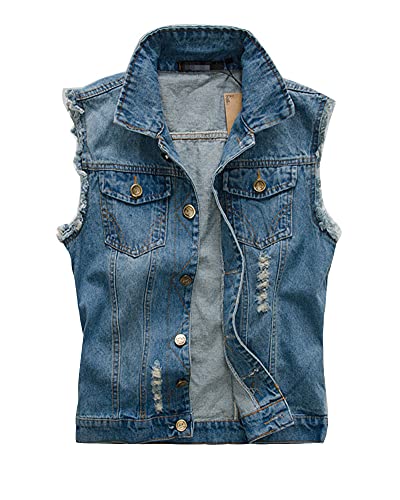 YAOTT Herren Große Größe Jeansweste Hellfarbig Weste-Trend Zerrissene Löcher beunruhigt Denim ärmellos Bikerjacke Trucker-Jacken-Mantel aus Denim-Jeans Blau XL von YAOTT