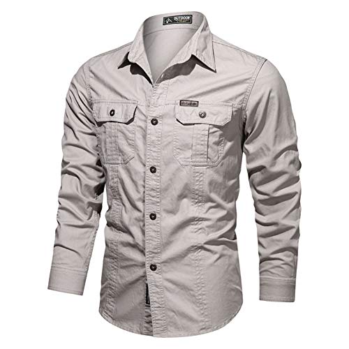 YAOTT Herren Herbst Cargo Shirt Hemden Militär Stil Lange Ärmel Knopf Frachthemd Freizeithemd Outdoor Reisen Beige 4XL von YAOTT