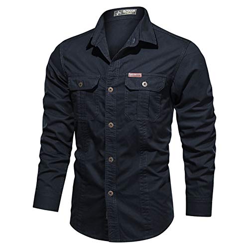 YAOTT Herren Herbst Cargo Shirt Hemden Militär Stil Lange Ärmel Knopf Frachthemd Freizeithemd Outdoor Reisen Dunkelblau M von YAOTT