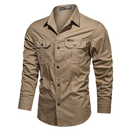 YAOTT Herren Herbst Cargo Shirt Hemden Militär Stil Lange Ärmel Knopf Frachthemd Freizeithemd Outdoor Reisen Khaki L von YAOTT