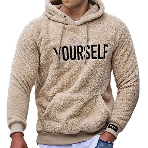 YAOTT Herren Hoodie Teddy Fleece Pullover Mit Kapuze Casual Langarmbuchstaben Drucken Sweatshirt Kapuzenpullover Tops Streetwear Pullover Mit Taschen,Khaki,L von YAOTT