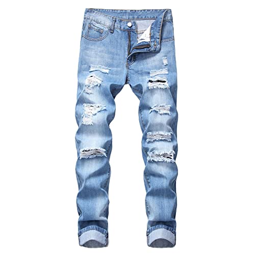 YAOTT Herren Jeans Hose Lang Vintage Used Look Destroyed Rissen Löcher Jeanshosen Denim Pants Basic Regular Fit Straight Jeans,Blau1,42 von YAOTT