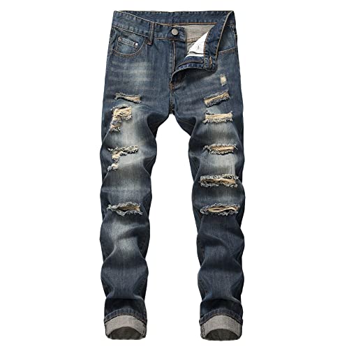 YAOTT Herren Jeans Hose Lang Vintage Used Look Destroyed Rissen Löcher Jeanshosen Denim Pants Basic Regular Fit Straight Jeans,Blau2,36 von YAOTT