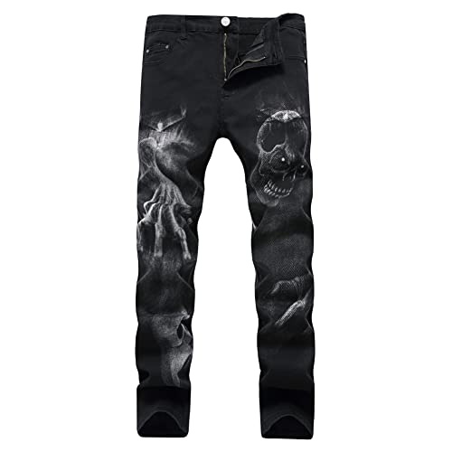 YAOTT Herren Jeans Hose mit Totenkopfmuster Slim Fit Lange Jeanshose Denim Jeans Hose Tapered Freizeithose Streetwear,Schwarz,34 von YAOTT