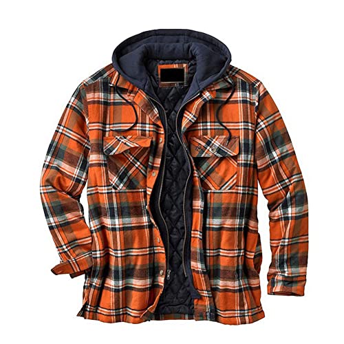 YAOTT Herren Karierter Hoodie Kapuzenpullover Hooded Thermohemd Flanellhemd Winterjacke Hoody Fleecefutter Holzfällerhemd Arbeitshemd Hoodie Sweatjacke mit Kapuze Strickjacke Orange XXL von YAOTT