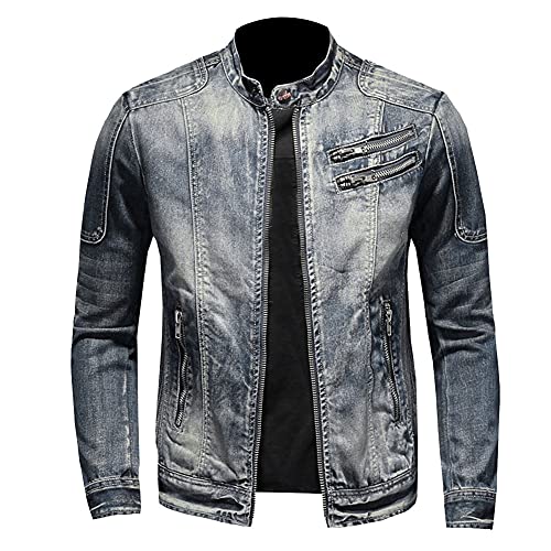 YAOTT Herren Klassische Basic Stretch Stehkragen Jeansmantel Multi-Zip Lange Ärmel Motorrad Strassenmode Bomber-Biker-Jeansjacke Übergangsjacke Freizeitjacke Sommerjacke Blau L von YAOTT