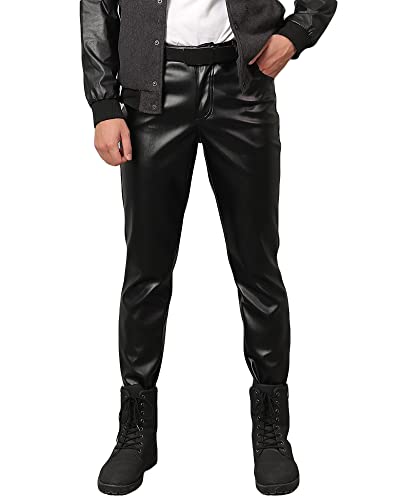 YAOTT Herren Kunstlederhose wasserdichte Hose Performance Bühnenhose Motorrad Lederhose Isolierte Hose Eng anliegende Jogginghose Motorradhose Bikerhose Lederjeans Gamaschen Schwarz 28W von YAOTT