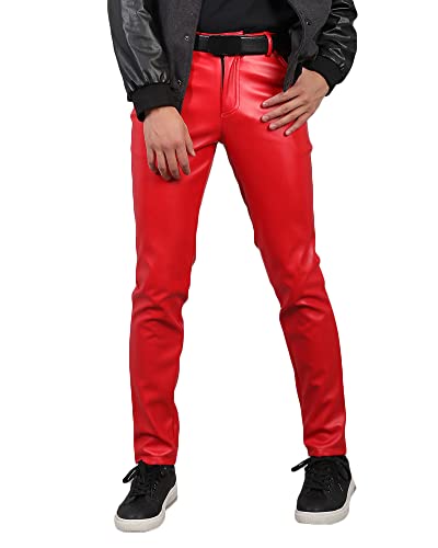 YAOTT Herren Kunstlederhose wasserdichte Hose Performance Bühnenhose Motorrad Lederhose Isolierte Hose Eng anliegende Jogginghose Motorradhose Bikerhose Lederjeans Gamaschen rot 32W von YAOTT