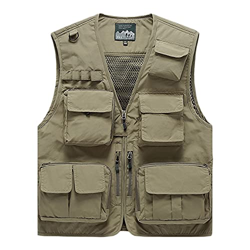 YAOTT Herren Outdoor Weste mit Vielen Taschen Anglerweste Leicht Safari Weste Multifunktion Weste für Angler Wander Jagd Militär Ranger Safari Weste Arbeitsweste mit Vielen Taschen Khaki 7XL von YAOTT