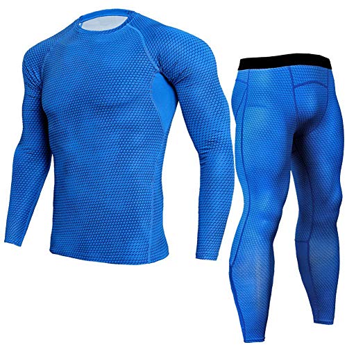 YAOTT Herren Serpentinendruck Funktionsunterwäsche Set Fitness Bekleidung Trainingsanzug 2pcs Kompressionshose Schnelltrocknende Laufhose Sporthose + Langärmlig Funktionsshirt Blau L von YAOTT