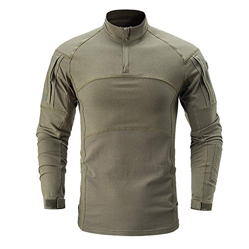 YAOTT Herren Slim Fit Taktisch Combat Shirt Langarm Outdoor Camouflage Baumwollhemd Paintball Airsoft Army T-Shirt mit 1/4 Reißverschluss Militär Uniform Armeegrün 3XL von YAOTT