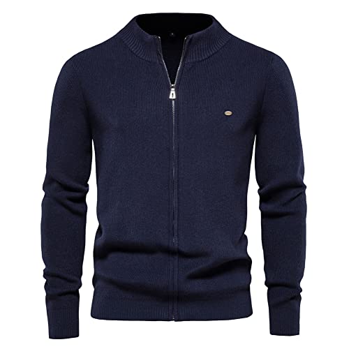 YAOTT Herren Strickjacke Cardigan Feinstrick mit Stehkragen Und Reißverschluss Dicker Pullover Pulli ohne Kapuze Männer Gestrickt Cardigan Wintermantel Blau L von YAOTT