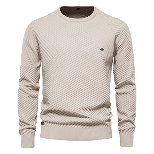 YAOTT Herren Strickpullover Feinstrick Pullover mit Rundhals Ausschnitt Winter Warmer Pullover Männer Einfarbiger Langarm Strick Pullover aus Baumwolle Beige B XL von YAOTT