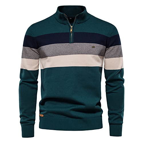 YAOTT Herren Strickpullover Feinstrick Pullover mit Stehkragen und 1/4 Reißverschluss,Männer Business Pullover mit Rautenmuster und Knopfleiste Freizeit Stehkragen Golf Sweater Grün B S von YAOTT