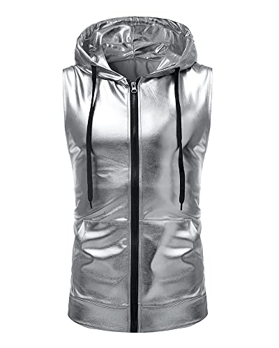 YAOTT Herren Tanzen Weste mit metallischen Glänzend Pailletten Disco Kostüm Hoodie Kordelzug Reißverschluss Tanktop Ärmellose Mantelweste Kapuzenweste mit Kängurutasche Silver S von YAOTT