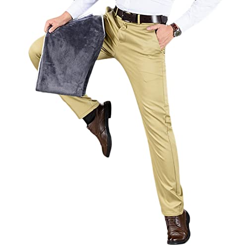 YAOTT Herren Thermohose Elegant Business Stoffhose Anzughose Thermo Chinohose Stoffhose mit Weichem Fleece Gefüttert Hose Warm Winterhose Ohne Gürtel,Gelb,28W von YAOTT