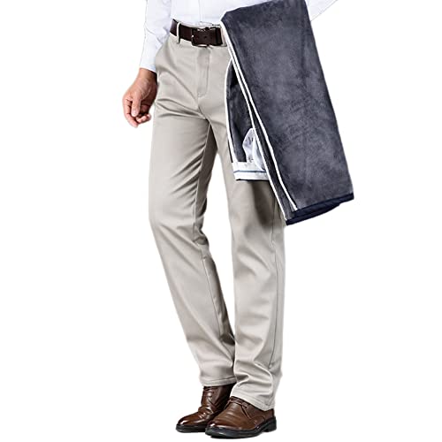 YAOTT Herren Thermohose Elegant Business Stoffhose Anzughose Thermo Chinohose Stoffhose mit Weichem Fleece Gefüttert Hose Warm Winterhose Ohne Gürtel,Grau Weiß,40W von YAOTT