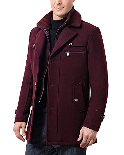 YAOTT Herren Trenchcoat Winter Warm Wollmanteljacke Business Overcoat Beiläufig Wollmischung Mantel Peacoats mit abnehmbarem Stehkragen Weinrot XL von YAOTT