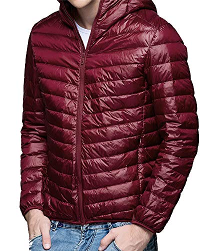 YAOTT Herren Ultra Leicht Daunenjacke mit Kapuze und Reißverschlusstasche Daunenmantel Packable Steppjacke Herren Federleichte Softdaunenjacke Hooded Warm Outerwear Slim Fit Rotweinrot XXL von YAOTT