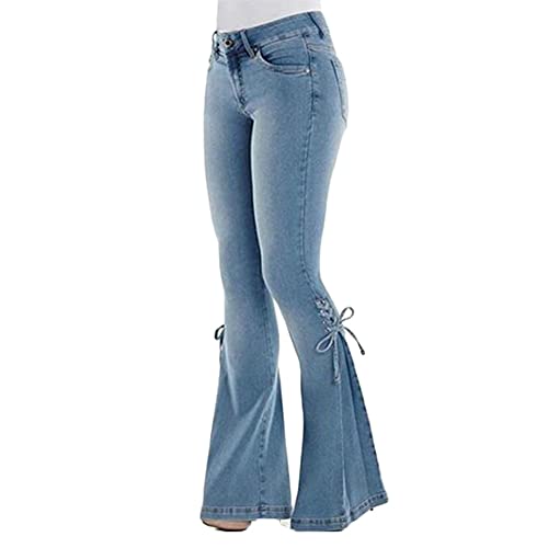 YAOTT Jeanshose Damen Elegant Stretch Skinny Bootcut Flared Hose Casual Stretch Fest Hüfte Ausgestellte Retro Stil Jeans Mit Schnürung Frühling Und Herbst,HellBlau,S von YAOTT