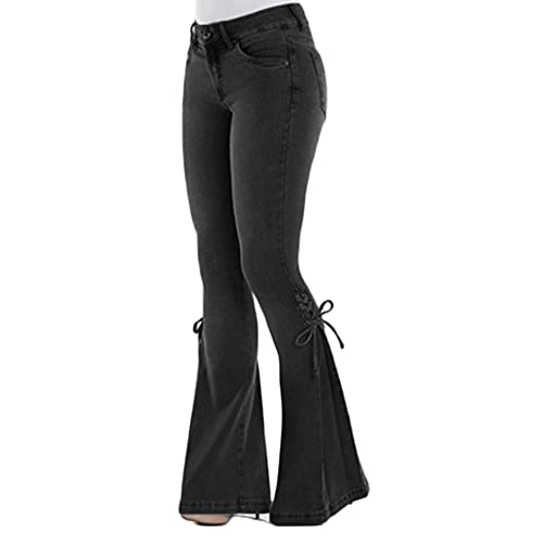 YAOTT Jeanshose Damen Elegant Stretch Skinny Bootcut Flared Hose Casual Stretch Fest Hüfte Ausgestellte Retro Stil Jeans Mit Schnürung Frühling Und Herbst,Schwarz,XL von YAOTT