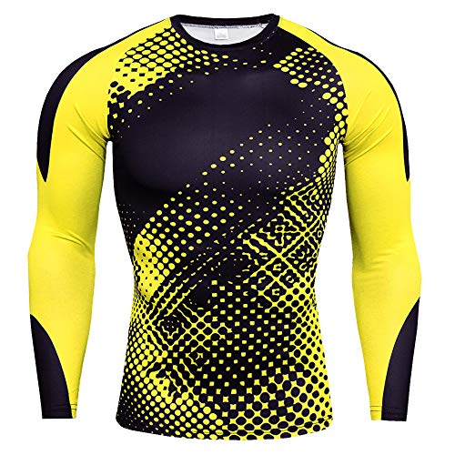 YAOTT Kompressionsshirt Herren mit Rundhals, Funktionsshirt Langarm Bedrucktes Fitnessshirt Sportshirt Funktionsunterwäsche für Laufen Jogging Sport Turnhalle Schwarz Gelb XL von YAOTT