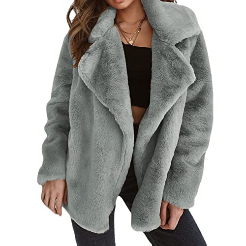 YAOTT Kunstpelz Lang Mantel Damen Winter Beiläufig Elegant Teddy Coat Einfarbig Revers Fuzzy Jacken Warm Gefüttert Cardigan Oversize Leicht Outdoorjacke,Grau,XXL von YAOTT