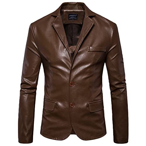 YAOTT Leder Blazer für Herren Lederjacke Ledermantel 2 Knopf Kunstleder Sakko Jacke Sportlich Freizeit Blazer Slim FIt Anzugjacke Herren Mode Leder Business Anzug Outwear Mantel Braun S von YAOTT