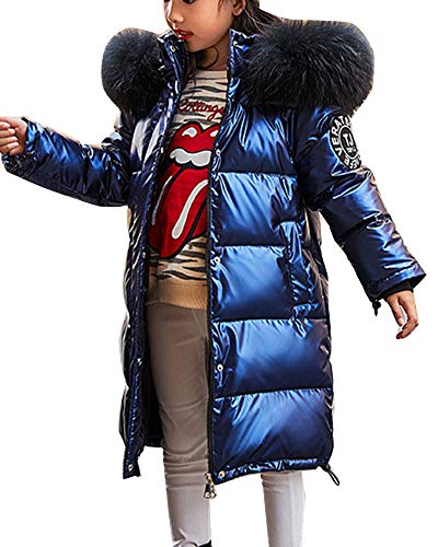 YAOTT Mädchen Glänzende Daunenjacke Übergroßer gesteppter Puffer Bubble Winter Warme Verdickte Winterjacke mit Fleece gefüttertes Dicker Mantel Jackenparka mit Fellkapuze Saphirblau 170cm von YAOTT