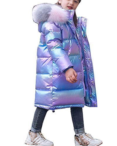 YAOTT Mädchen Lang glänzend Daunenjacke Verdickter Puffermantel Gepolsterte Jacke Lässige Steppmantel Schneejacke Windbreaker Outwear Steppjacke Outerwear Lila 170cm von YAOTT